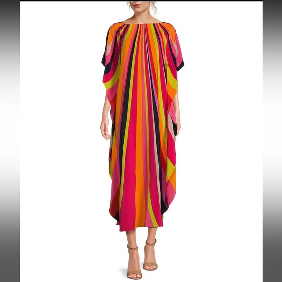 Trina Turk Jalani Boat Neck Rainbow Stripe Print Maxi Caftan Silk Dress - Picture 1 of 10